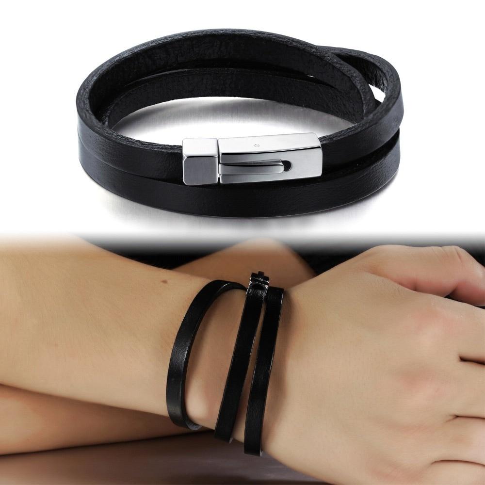 Three Layers Real Leather Bracelets Classical Full Steel Magnet Clasp Men Jewelry