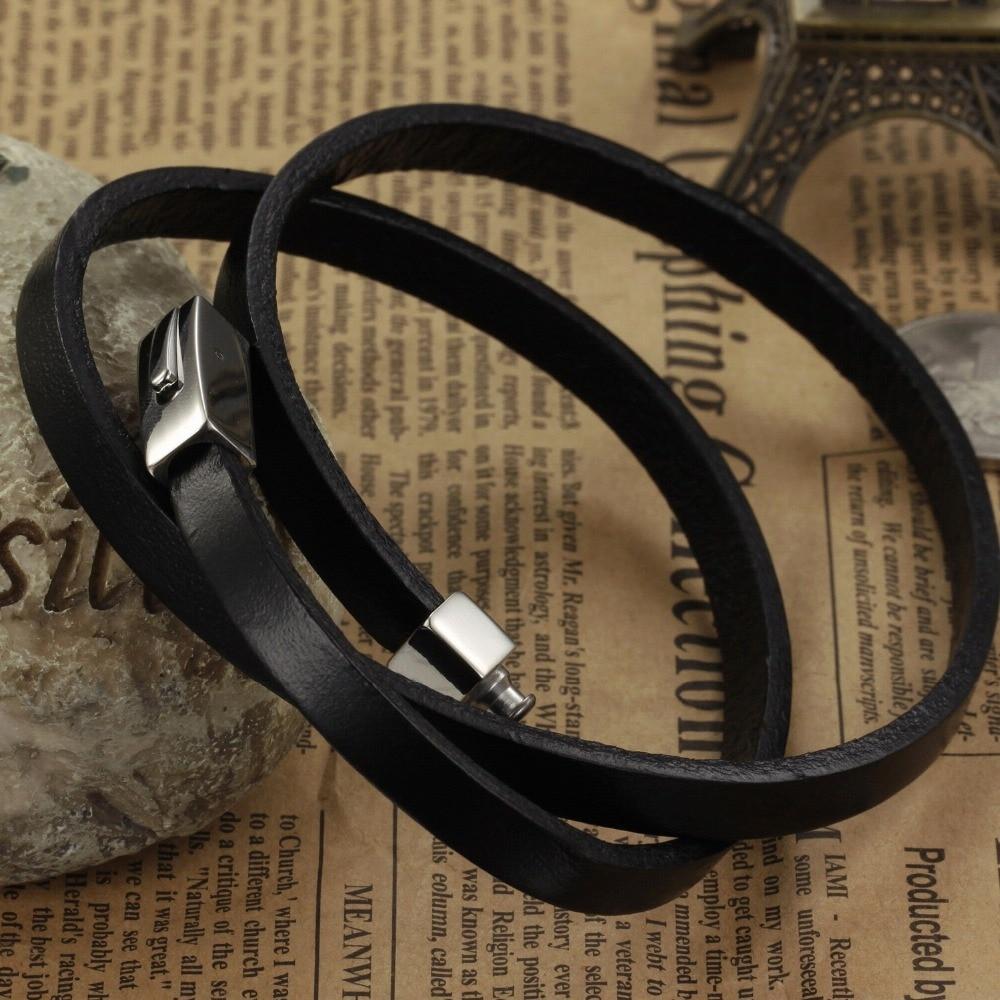 Three Layers Real Leather Bracelets Classical Full Steel Magnet Clasp Men Jewelry