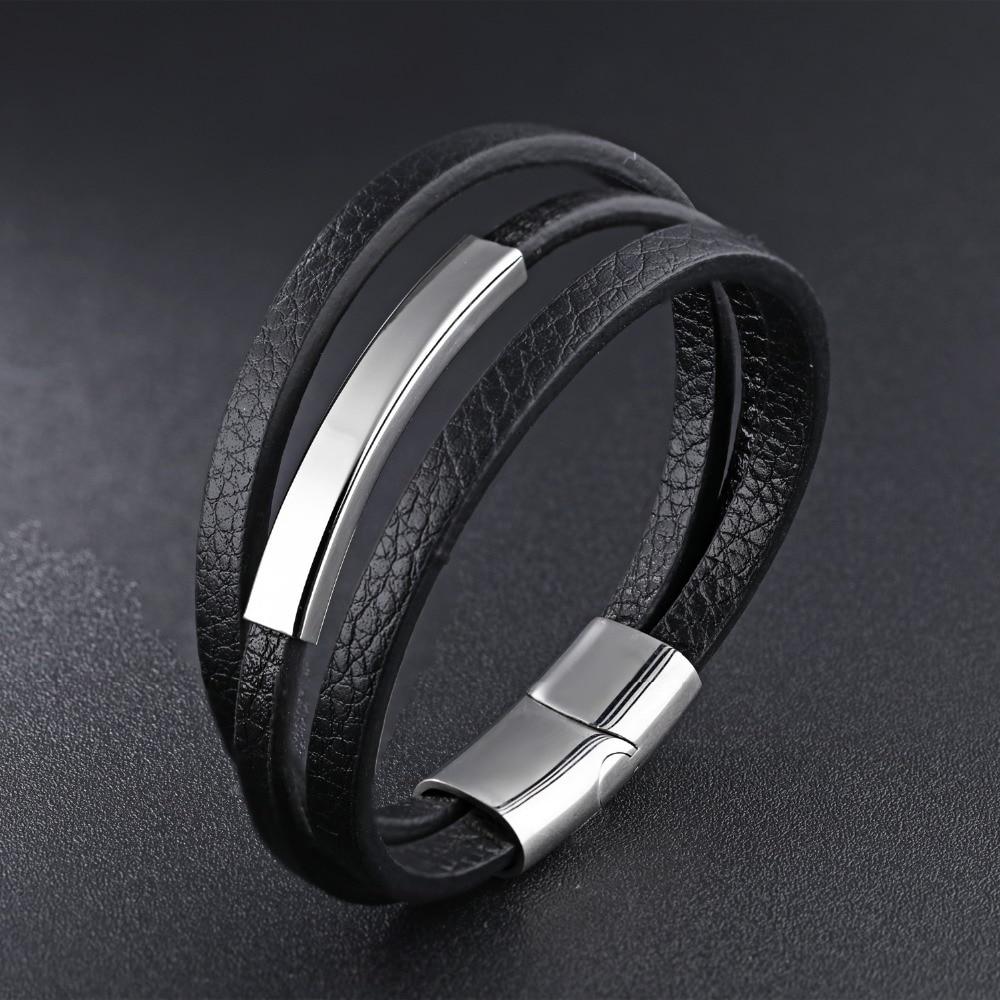 Casual There Layer Genuine Leather Man Bracelets Simple Design With Magnet Buckle Men Handmade Wrap Jewelry Gift