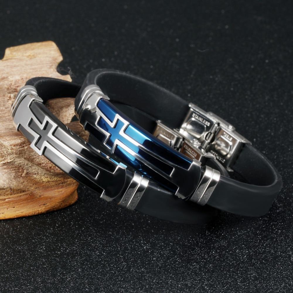 Charm Black Silicone Man Bracelets Classical Stainless Steel Big Cross Men Jewelry 2 Colors Religious Accessories