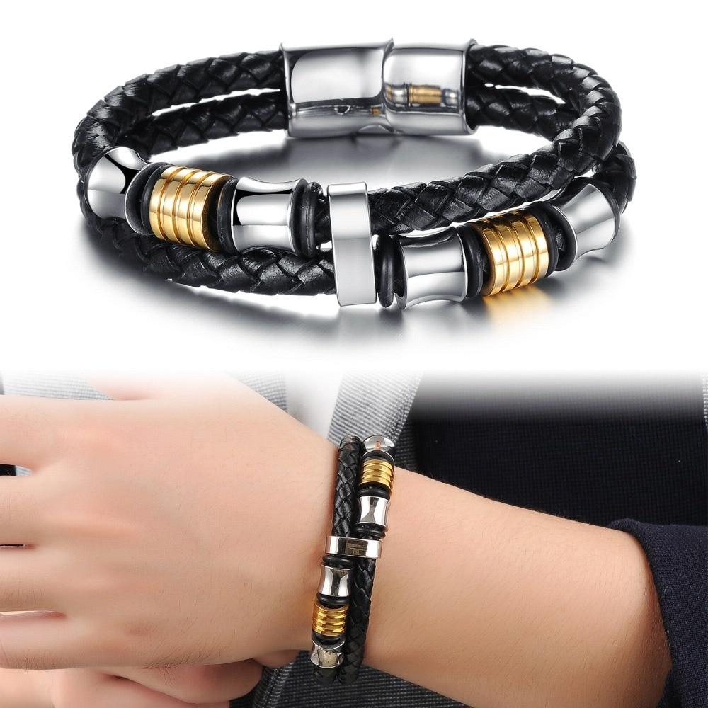 Classical Double Layer Handmade Leather Weaved Man Bracelets Fashion New Magnet Clasp Steel Wristband Jewelry 205mm