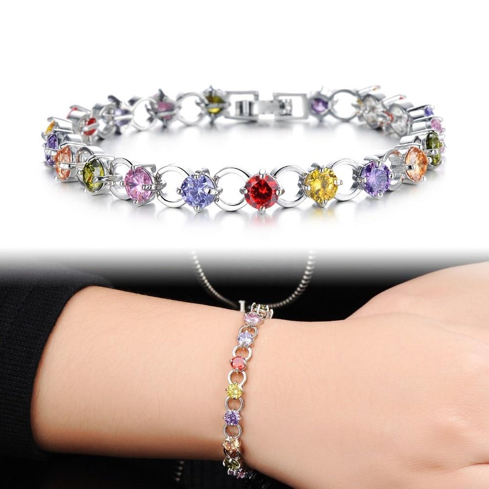 Classical Multicolor/White Rhinestone Women Bracelets Delicate Girls' Gift White Gold Color Link Chain Jewelry Bangle