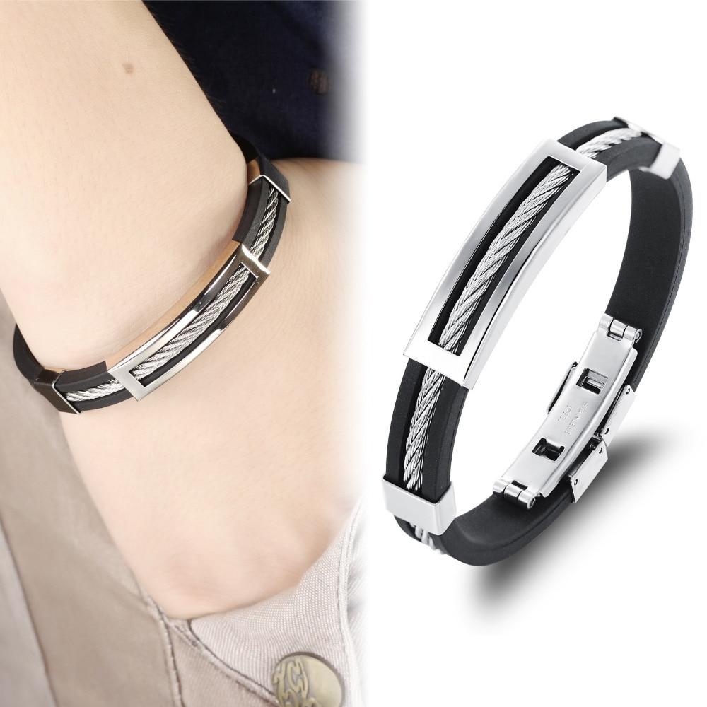 Cool Man Genuine Silicone Bangles Fashion Stainless Steel Hol Out Men Jewelry 19.5cm Long Accessories Cheap