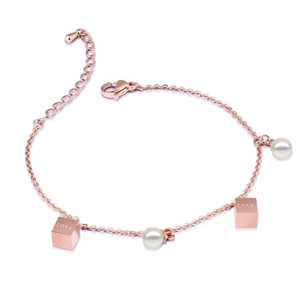 Cute Charm Bracelets For Girl Simulated Pearl & Love Letter Cube Charms Rose Gold Color  Extended Chain