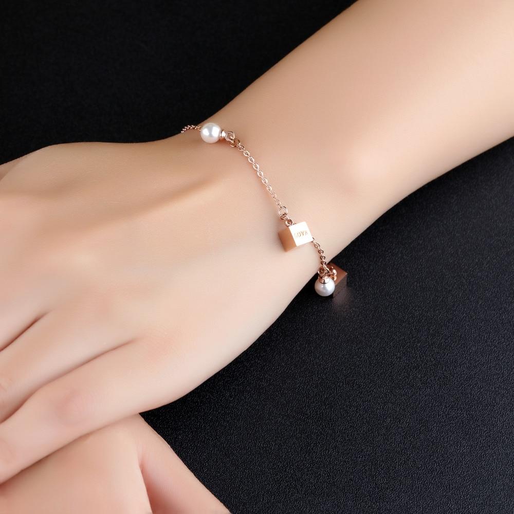 Cute Charm Bracelets For Girl Simulated Pearl & Love Letter Cube Charms Rose Gold Color  Extended Chain