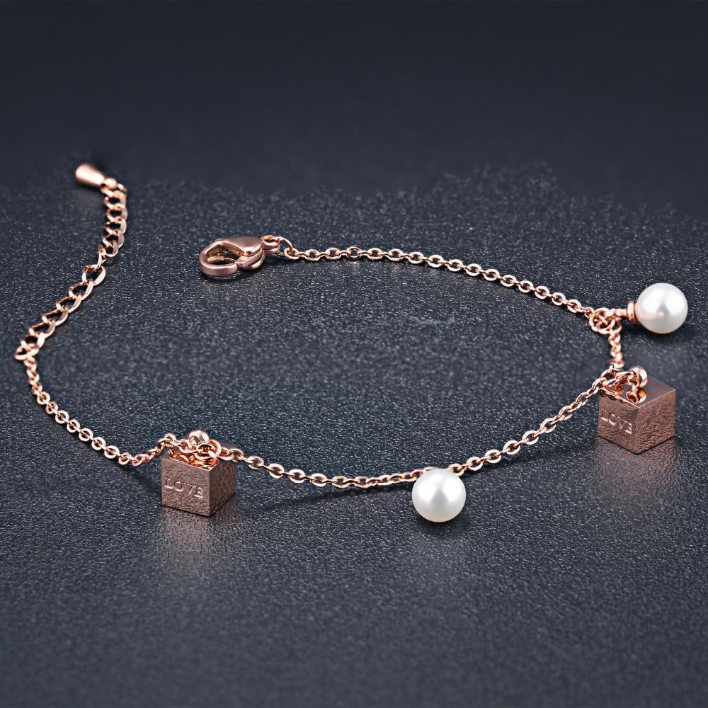 Cute Charm Bracelets For Girl Simulated Pearl & Love Letter Cube Charms Rose Gold Color  Extended Chain