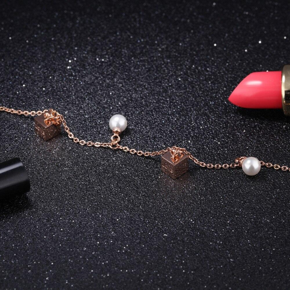 Cute Charm Bracelets For Girl Simulated Pearl & Love Letter Cube Charms Rose Gold Color  Extended Chain