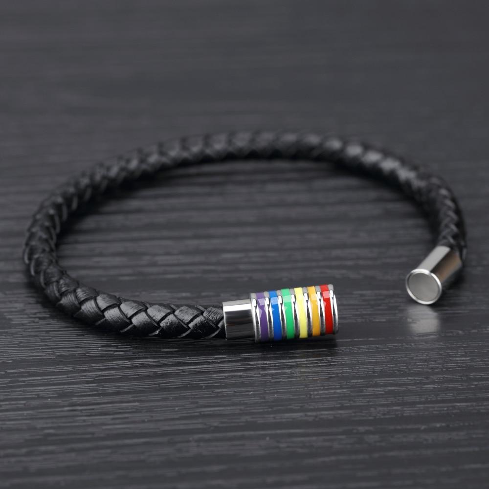 Handmade Leather Woven Charm Bracelet Fashion Gay Pride Stainless Steel Bracelets Vintage Men Jewelry Wristband
