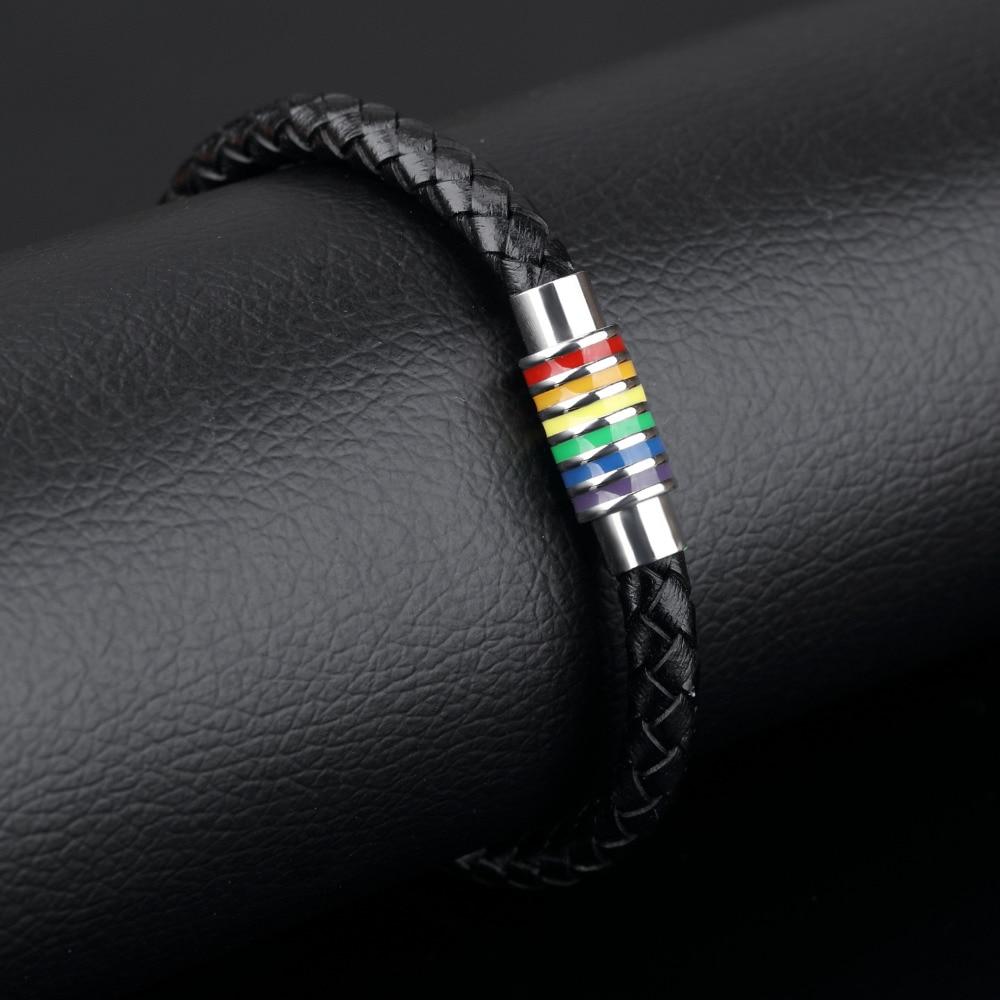 Handmade Leather Woven Charm Bracelet Fashion Gay Pride Stainless Steel Bracelets Vintage Men Jewelry Wristband