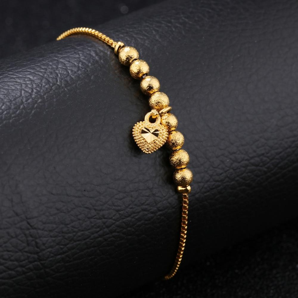 Luxury Gold Color Bracelets For Women Dull Polished Bead & Heart Female Length Resizable Charm Bracelet Never Fade