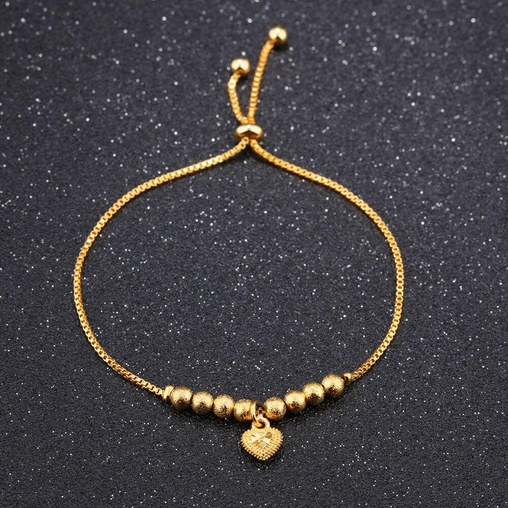 Luxury Gold Color Bracelets For Women Dull Polished Bead & Heart Female Length Resizable Charm Bracelet Never Fade