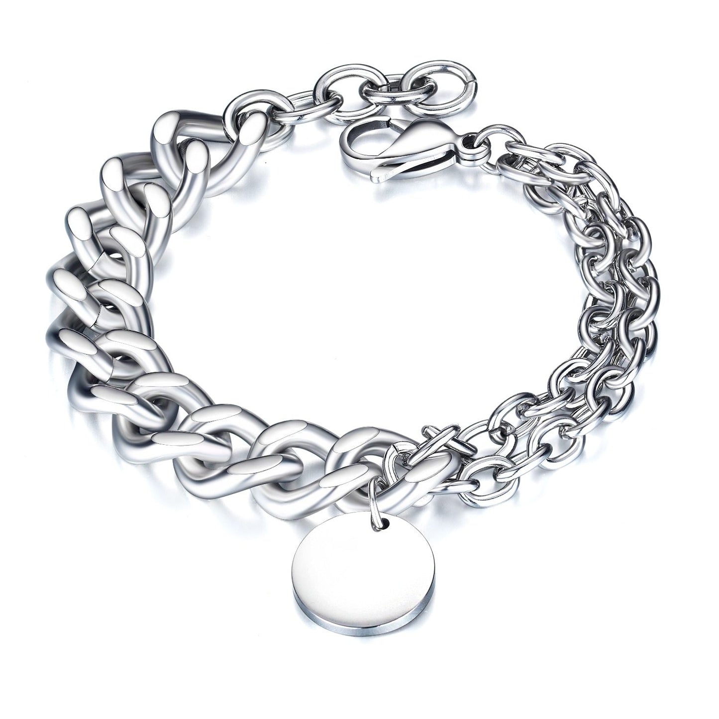 Men Bracelets Round Tag Customize Link Stainless Steel Metal Clasp Charm Male Free Engrave Chain
