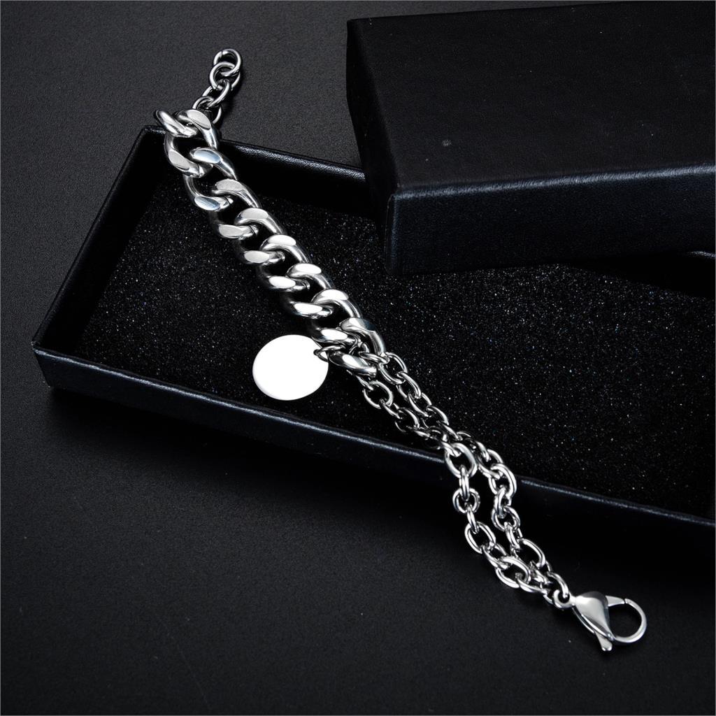 Men Bracelets Round Tag Customize Link Stainless Steel Metal Clasp Charm Male Free Engrave Chain