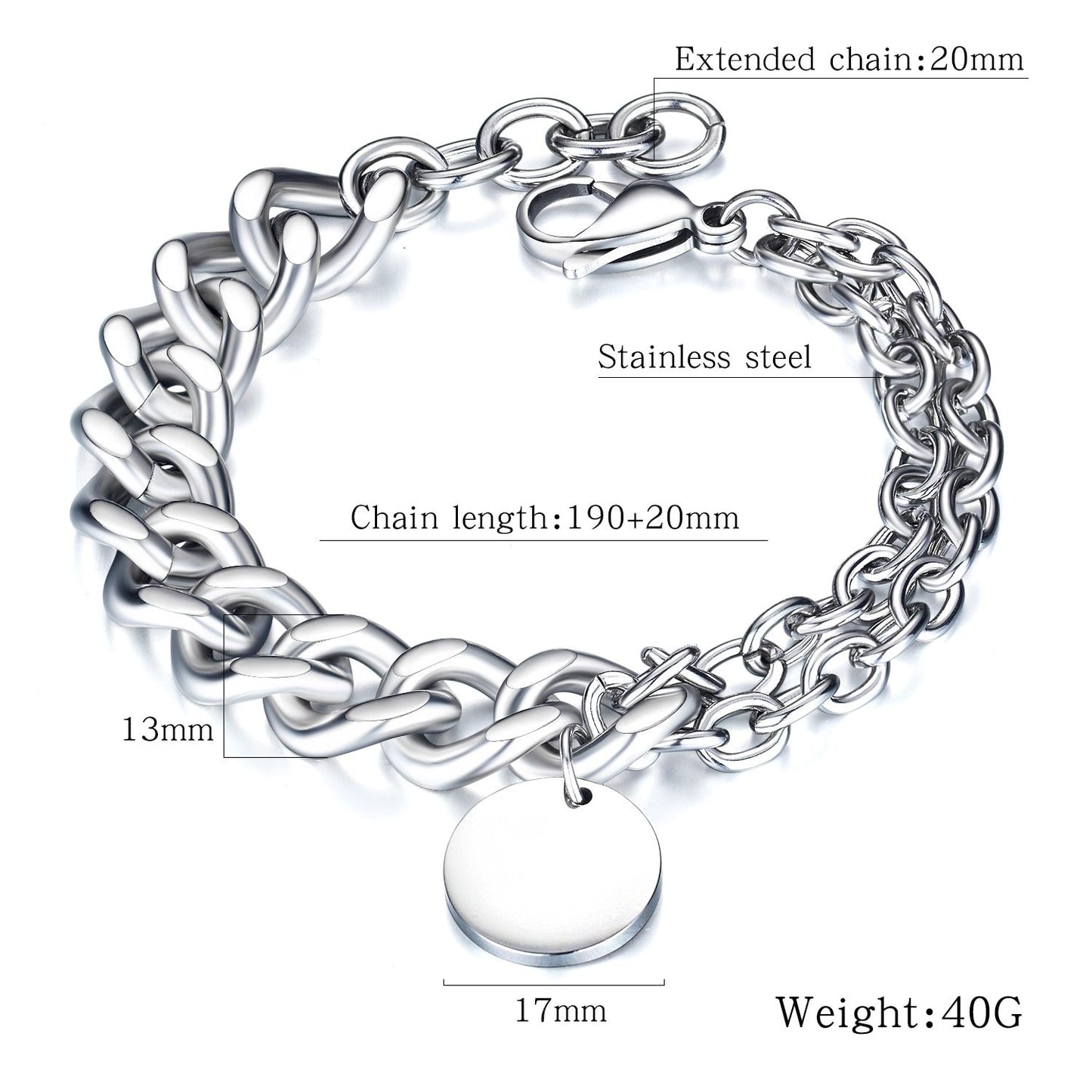 Men Bracelets Round Tag Customize Link Stainless Steel Metal Clasp Charm Male Free Engrave Chain