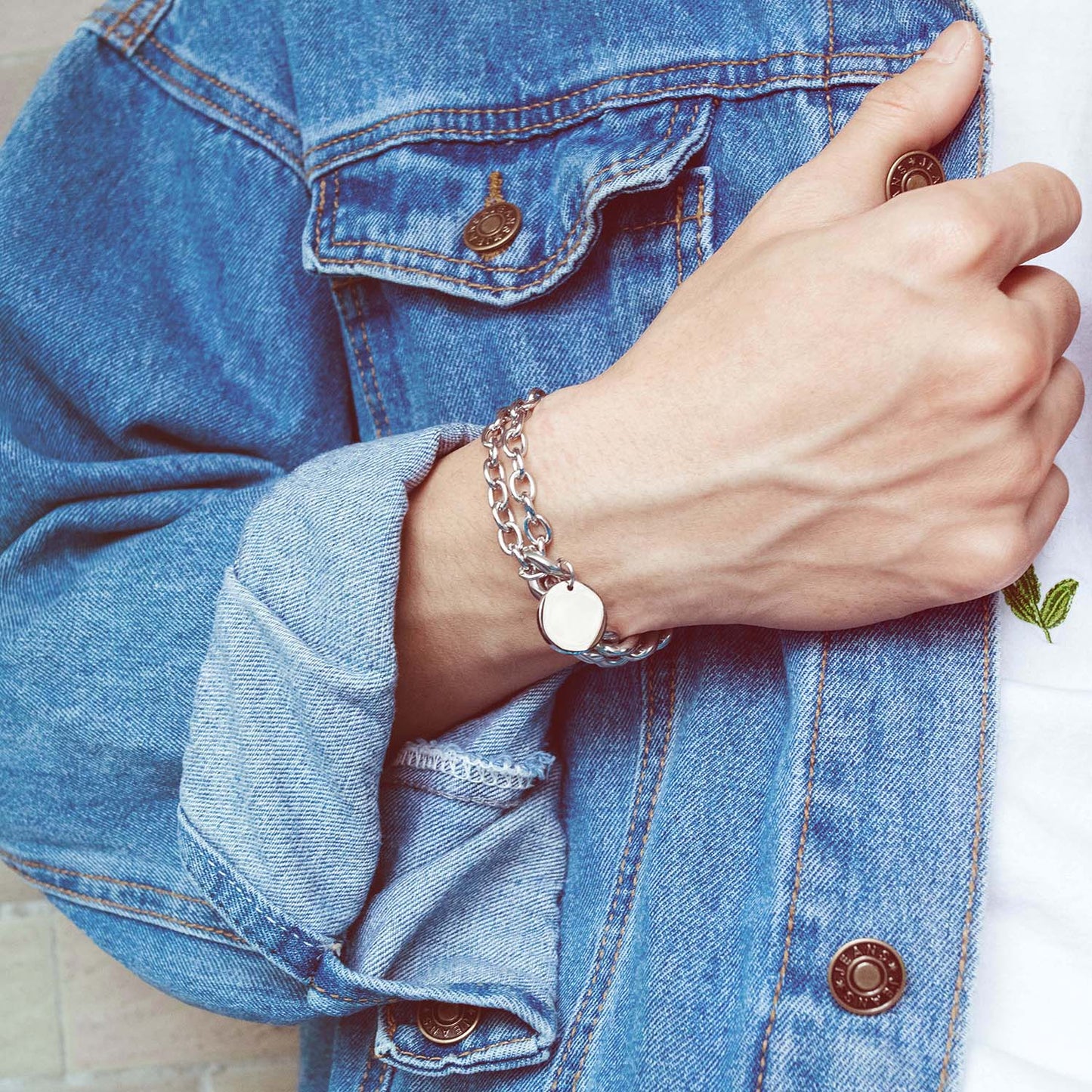 Men Bracelets Round Tag Customize Link Stainless Steel Metal Clasp Charm Male Free Engrave Chain