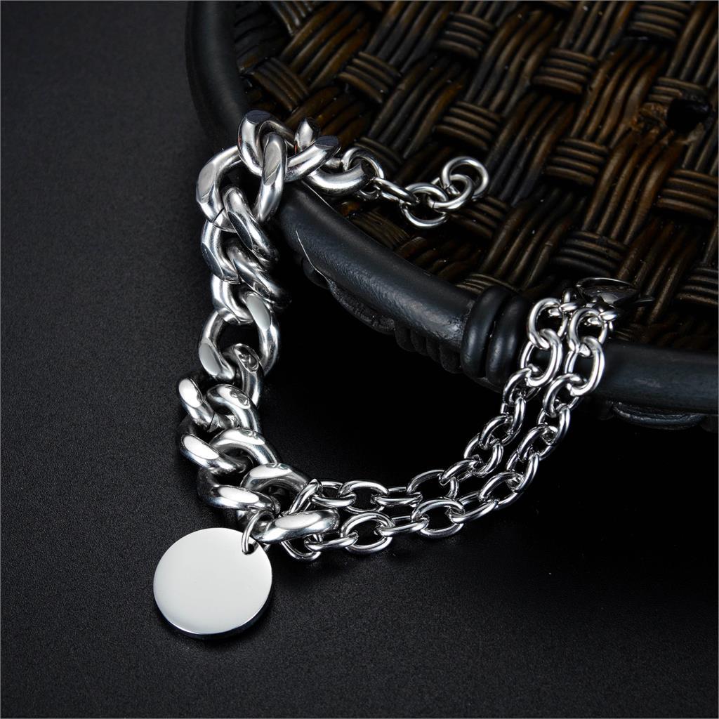 Men Bracelets Round Tag Customize Link Stainless Steel Metal Clasp Charm Male Free Engrave Chain