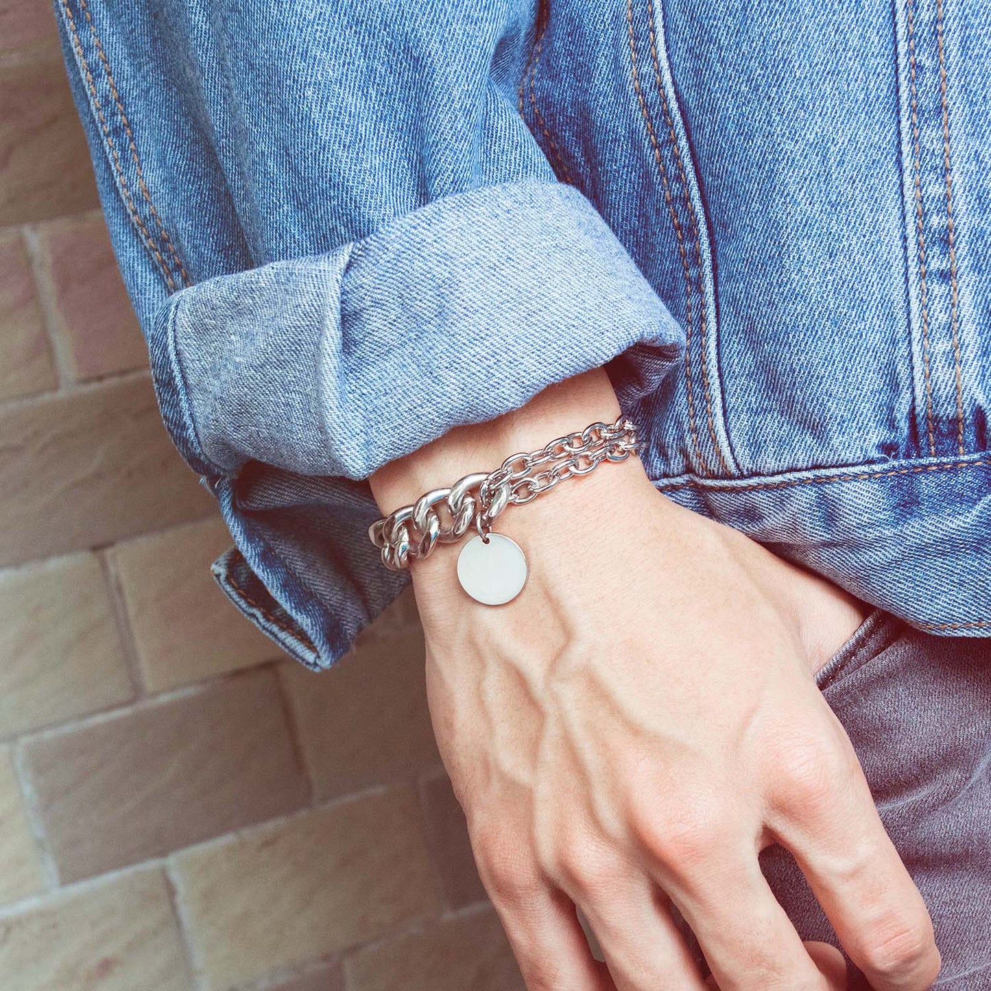 Men Bracelets Round Tag Customize Link Stainless Steel Metal Clasp Charm Male Free Engrave Chain