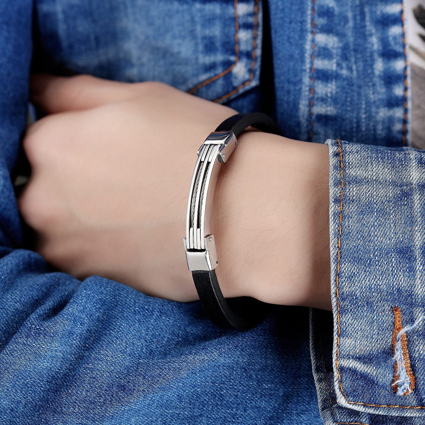 Mens Vintage Leather Wrist Band Black Rope Bracelet Bangle Double Wire Brother ID Bracelet Engraved Female Jewelry