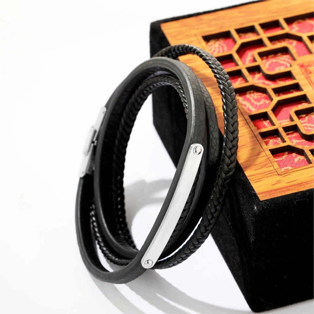 Leather Multilayer Charm Bracelets Bangles For Men Woven Wrist Jewelry Customize Engrave Bracelet