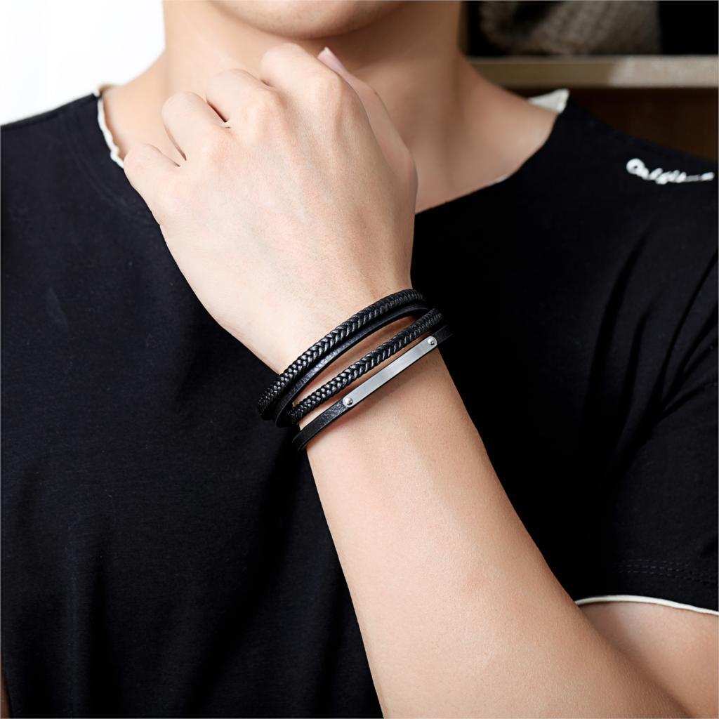 Leather Multilayer Charm Bracelets Bangles For Men Woven Wrist Jewelry Customize Engrave Bracelet