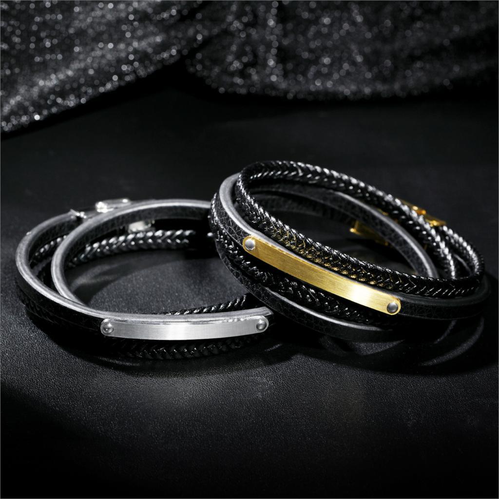 Leather Multilayer Charm Bracelets Bangles For Men Woven Wrist Jewelry Customize Engrave Bracelet