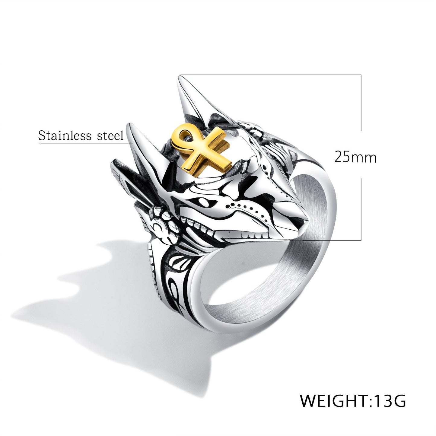 Punk Anubis Egyptian Cross Beast Ring For Men Stainless Steel Ankh Cross Design Animal Finger Ring Cool Jewelry Gift