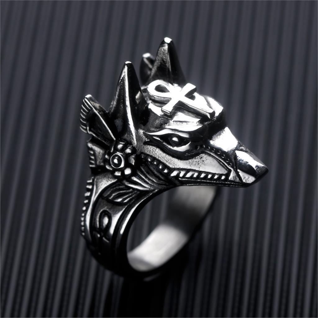 Punk Anubis Egyptian Cross Beast Ring For Men Stainless Steel Ankh Cross Design Animal Finger Ring Cool Jewelry Gift