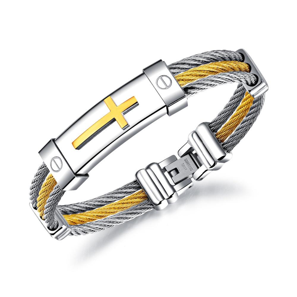 Wire Rope Cross Bangles For Men Three Layers Stainless Steel Gold Color Male Charm Cable Bracelet Jewelry Gift