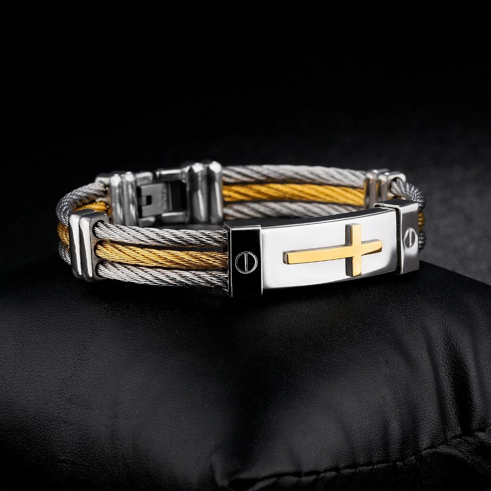 Wire Rope Cross Bangles For Men Three Layers Stainless Steel Gold Color Male Charm Cable Bracelet Jewelry Gift