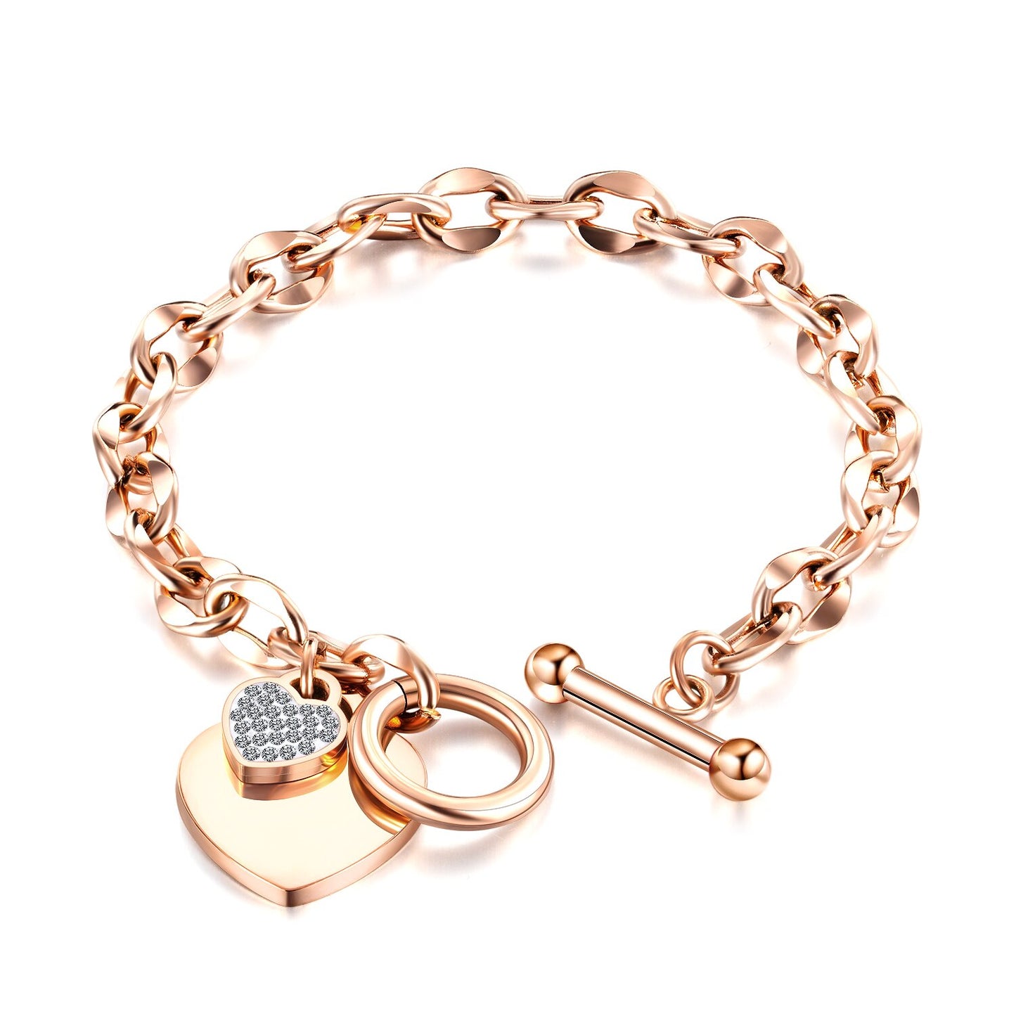 Women Bracelet Link Rose Gold Tone Crystal Love Heart Tag Engrave Toggle Clasp Designer Charm Stainless Chain Bangle