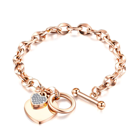 Women Bracelet Link Rose Gold Tone Crystal Love Heart Tag Engrave Toggle Clasp Designer Charm Stainless Chain Bangle