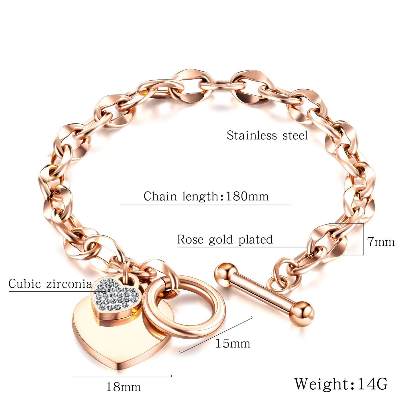 Women Bracelet Link Rose Gold Tone Crystal Love Heart Tag Engrave Toggle Clasp Designer Charm Stainless Chain Bangle