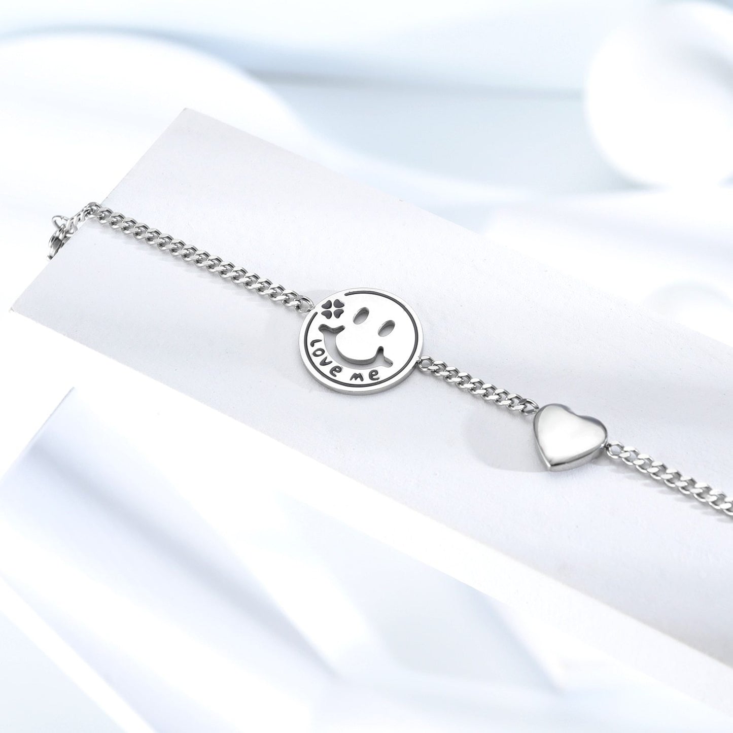 Women Bracelets Love Heart Smile Face Stainless Steel Metal Tone Charm Adjustable Chain Wristband
