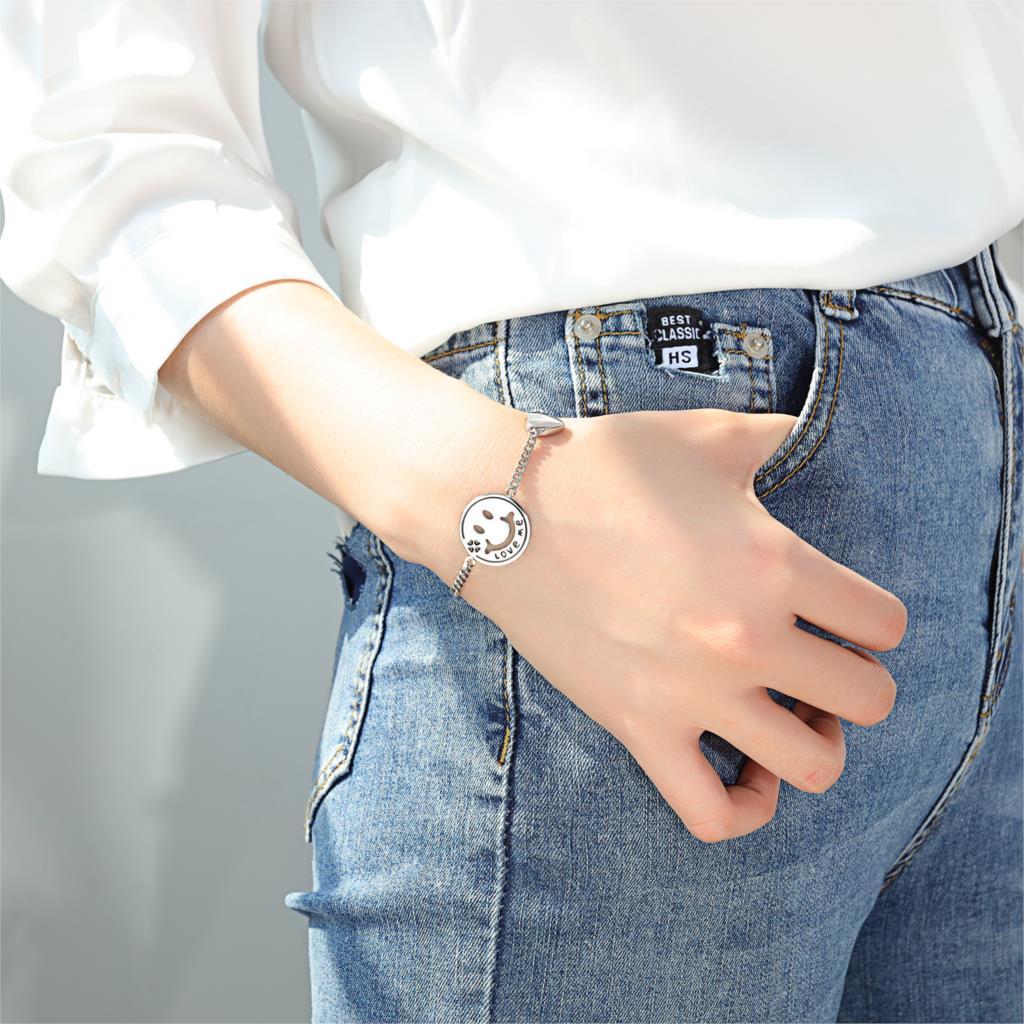 Women Bracelets Love Heart Smile Face Stainless Steel Metal Tone Charm Adjustable Chain Wristband