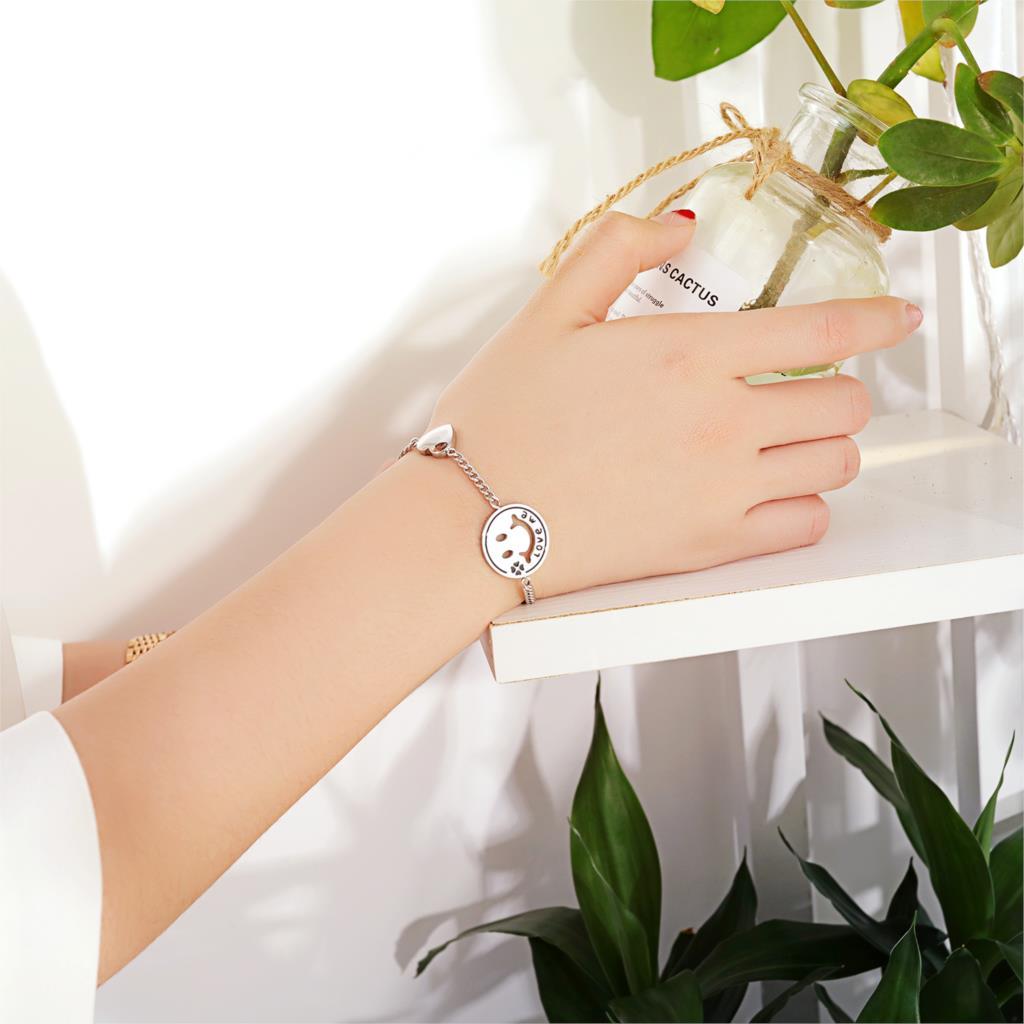 Women Bracelets Love Heart Smile Face Stainless Steel Metal Tone Charm Adjustable Chain Wristband