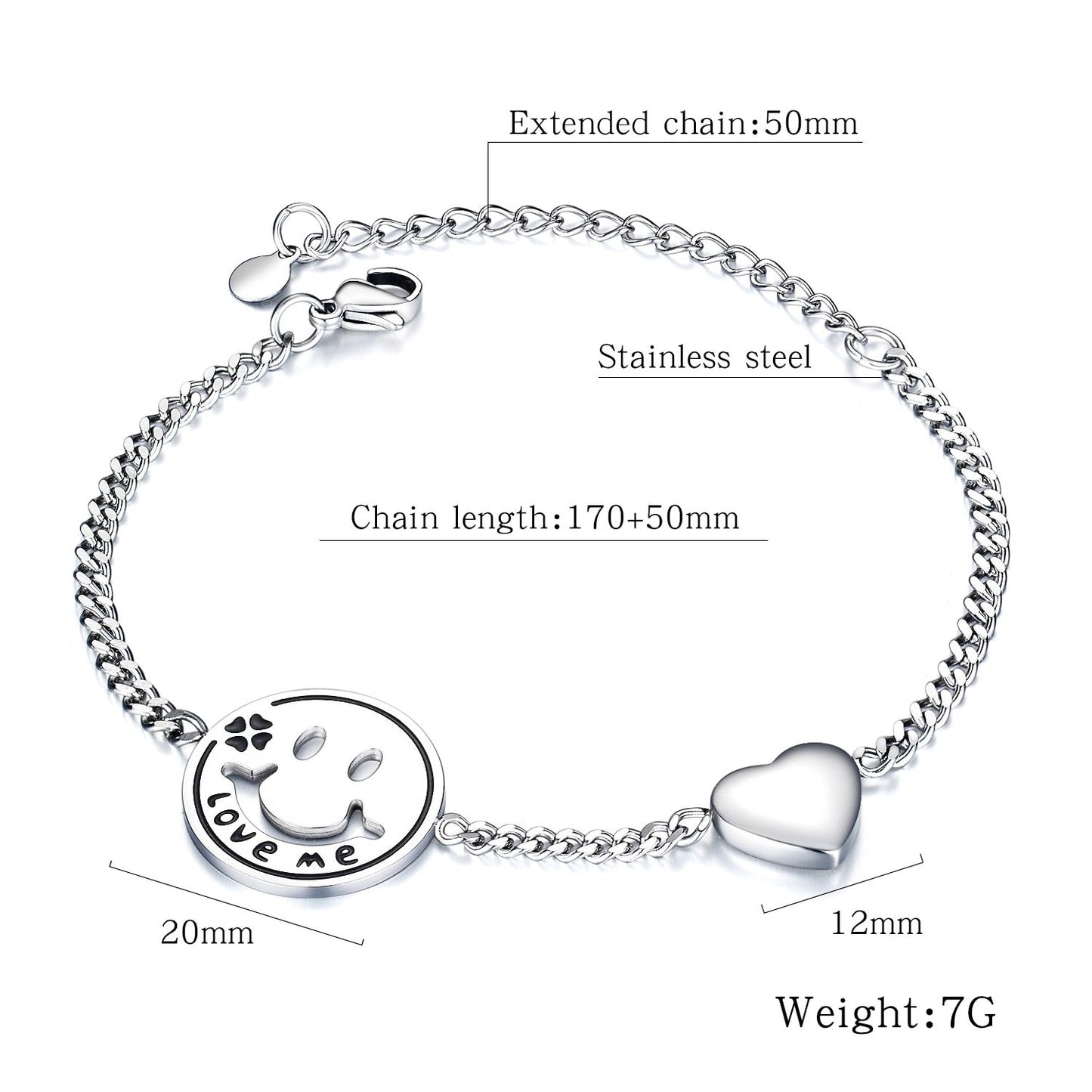 Women Bracelets Love Heart Smile Face Stainless Steel Metal Tone Charm Adjustable Chain Wristband