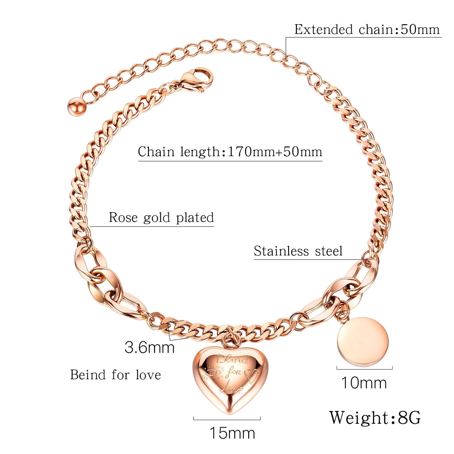 Women Love Heart Words Bracelet Stainless Steel Designer Charms Rose Gold/ Gold/ Steel Lady Elegant