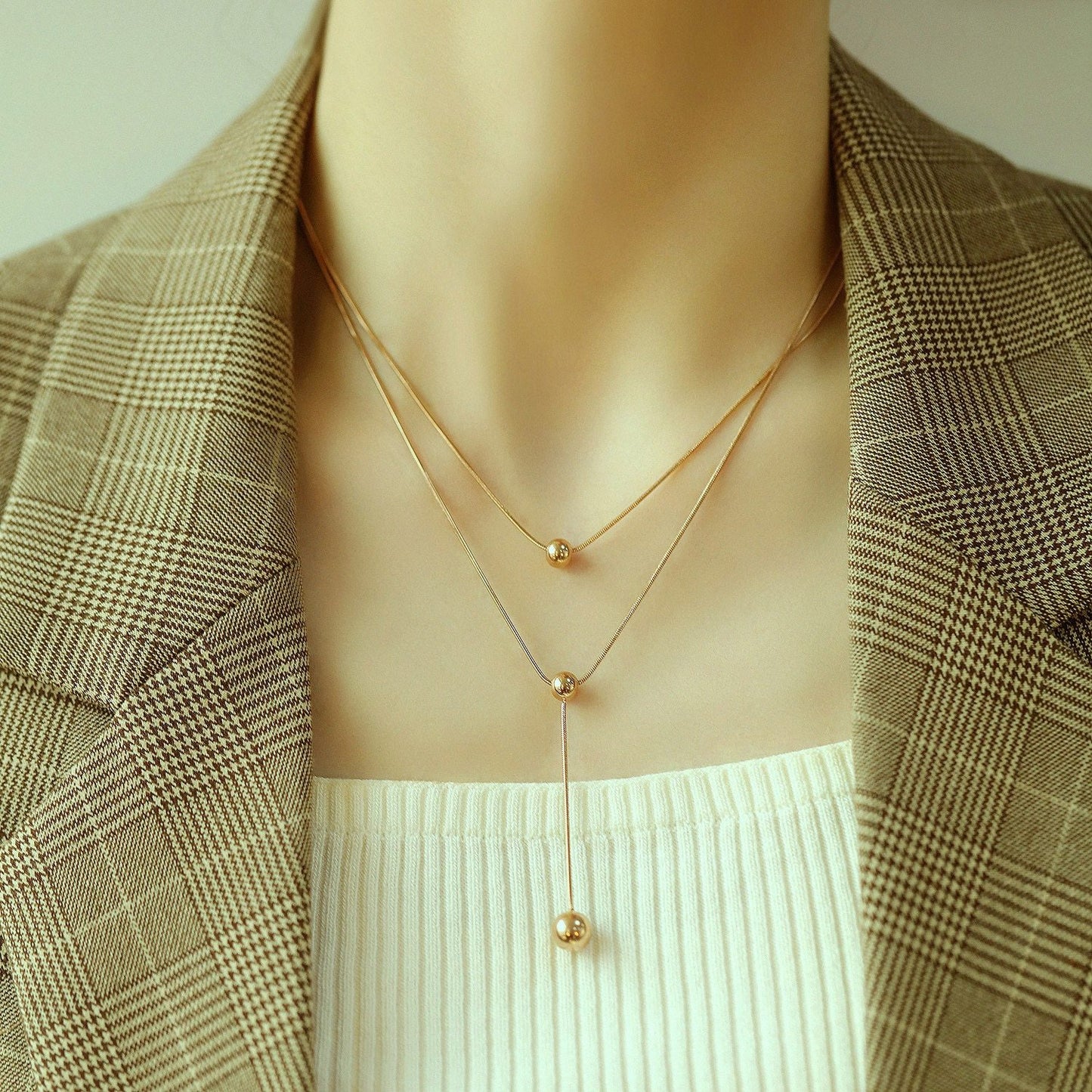 Womens Necklaces Dangle Bead Double Levels Sweater Link Chains Rose Gold Stainless Steel Pendant Jewelry