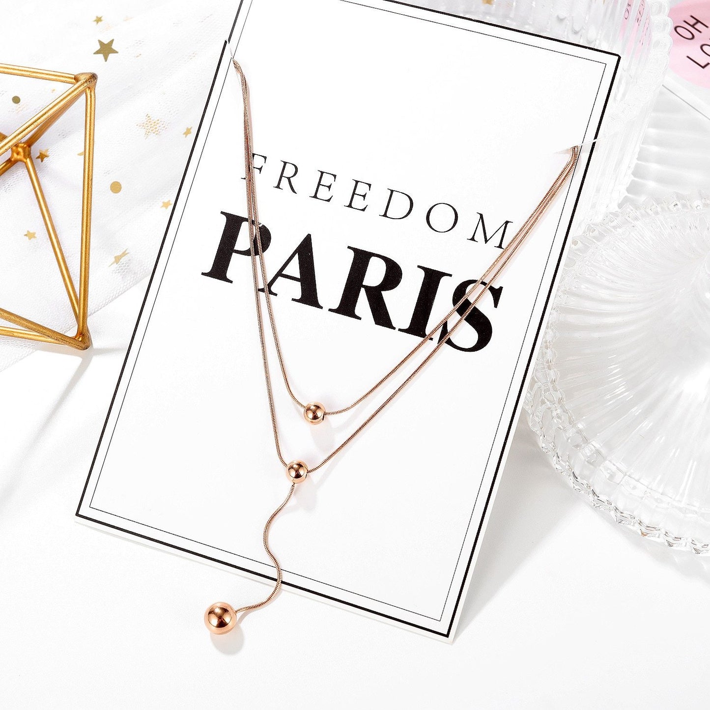 Womens Necklaces Dangle Bead Double Levels Sweater Link Chains Rose Gold Stainless Steel Pendant Jewelry