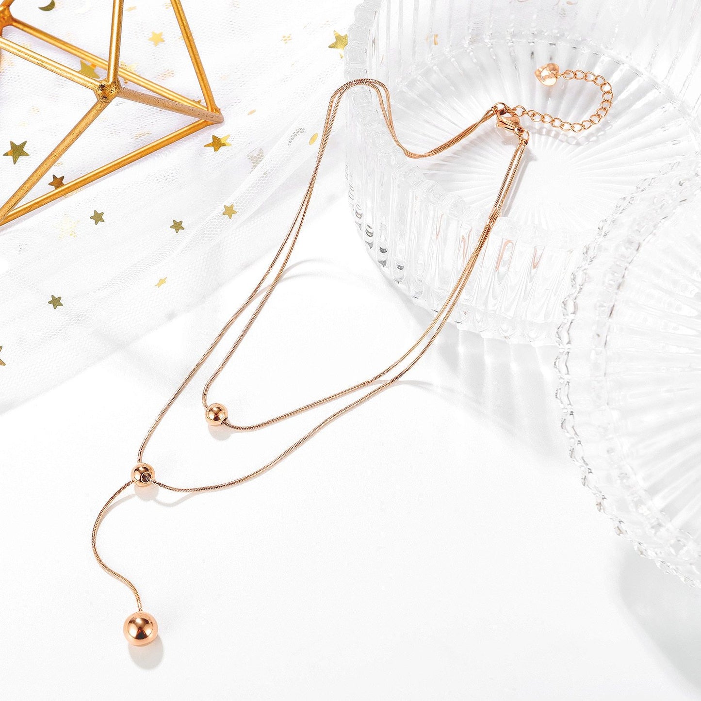 Womens Necklaces Dangle Bead Double Levels Sweater Link Chains Rose Gold Stainless Steel Pendant Jewelry
