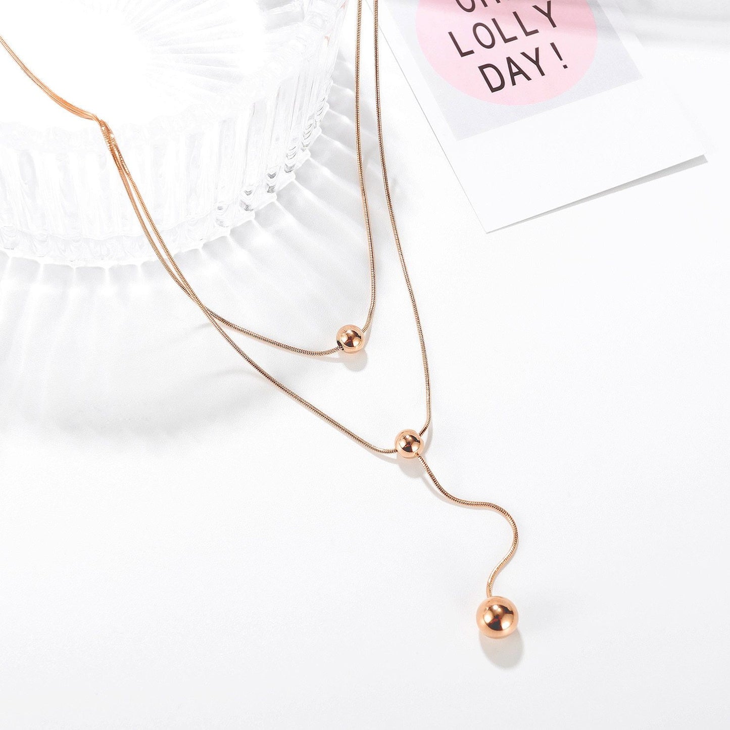 Womens Necklaces Dangle Bead Double Levels Sweater Link Chains Rose Gold Stainless Steel Pendant Jewelry