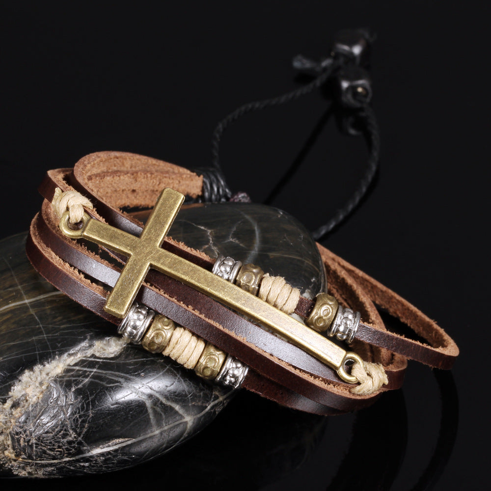 Hand-woven bronze cross bracelet