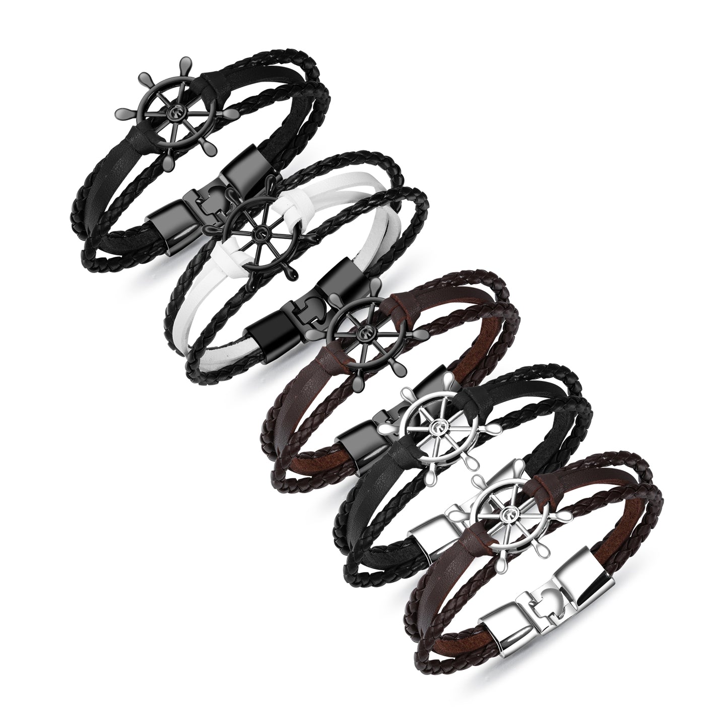 Fashion Black Personalized Rudder Braided Leather Bracelet