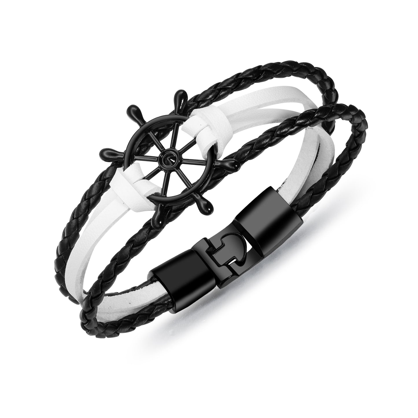 Fashion Black Personalized Rudder Braided Leather Bracelet