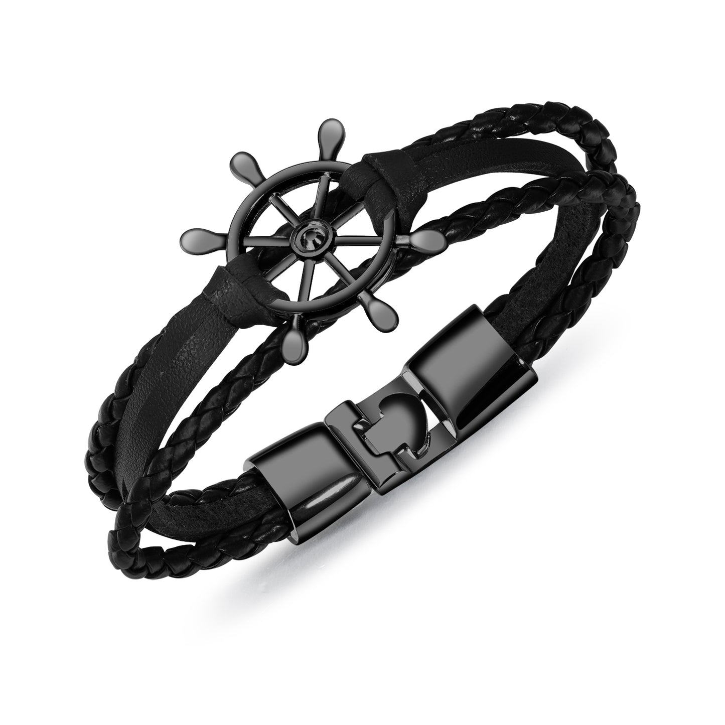Fashion Black Personalized Rudder Braided Leather Bracelet
