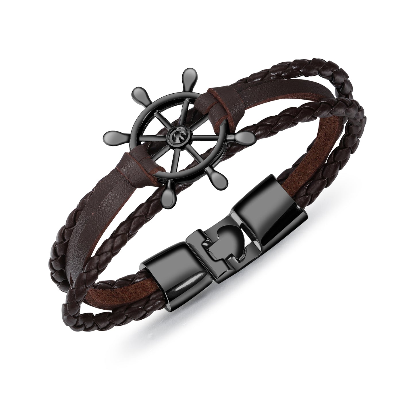Fashion Black Personalized Rudder Braided Leather Bracelet