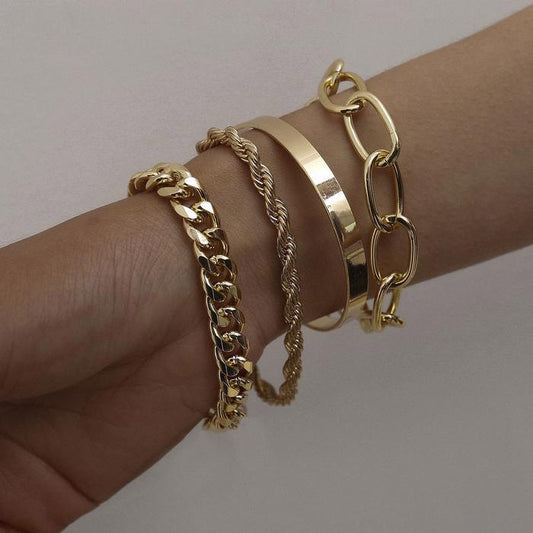 4pcs Punk Curb Cuban Chain Bracelets Set for Women Miami Boho Thick Gold Color Charm Bracelets Bangles Fashion Jewelry