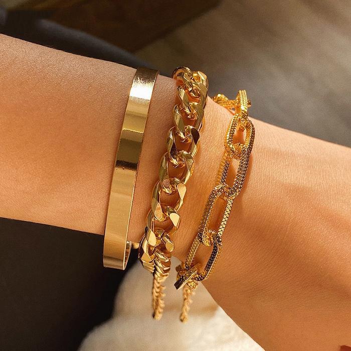 4pcs Punk Curb Cuban Chain Bracelets Set for Women Miami Boho Thick Gold Color Charm Bracelets Bangles Fashion Jewelry