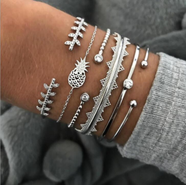 Tocona Bohemian Gold Tassel Bracelets for Women Summer Shell Clear Crystal Stone Pineapple Geometric Heart Bangle Jewelry