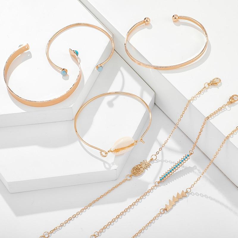 Tocona Bohemian Gold Tassel Bracelets for Women Summer Shell Clear Crystal Stone Pineapple Geometric Heart Bangle Jewelry